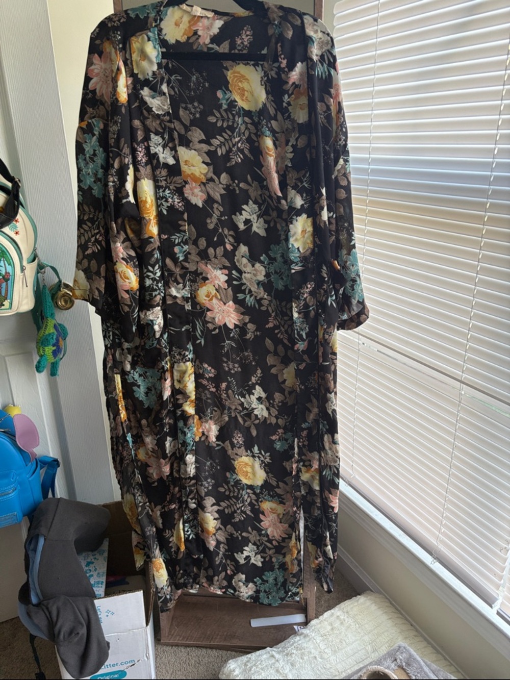 Black Floral Kimono Duster with Yellow & Teal Flowers